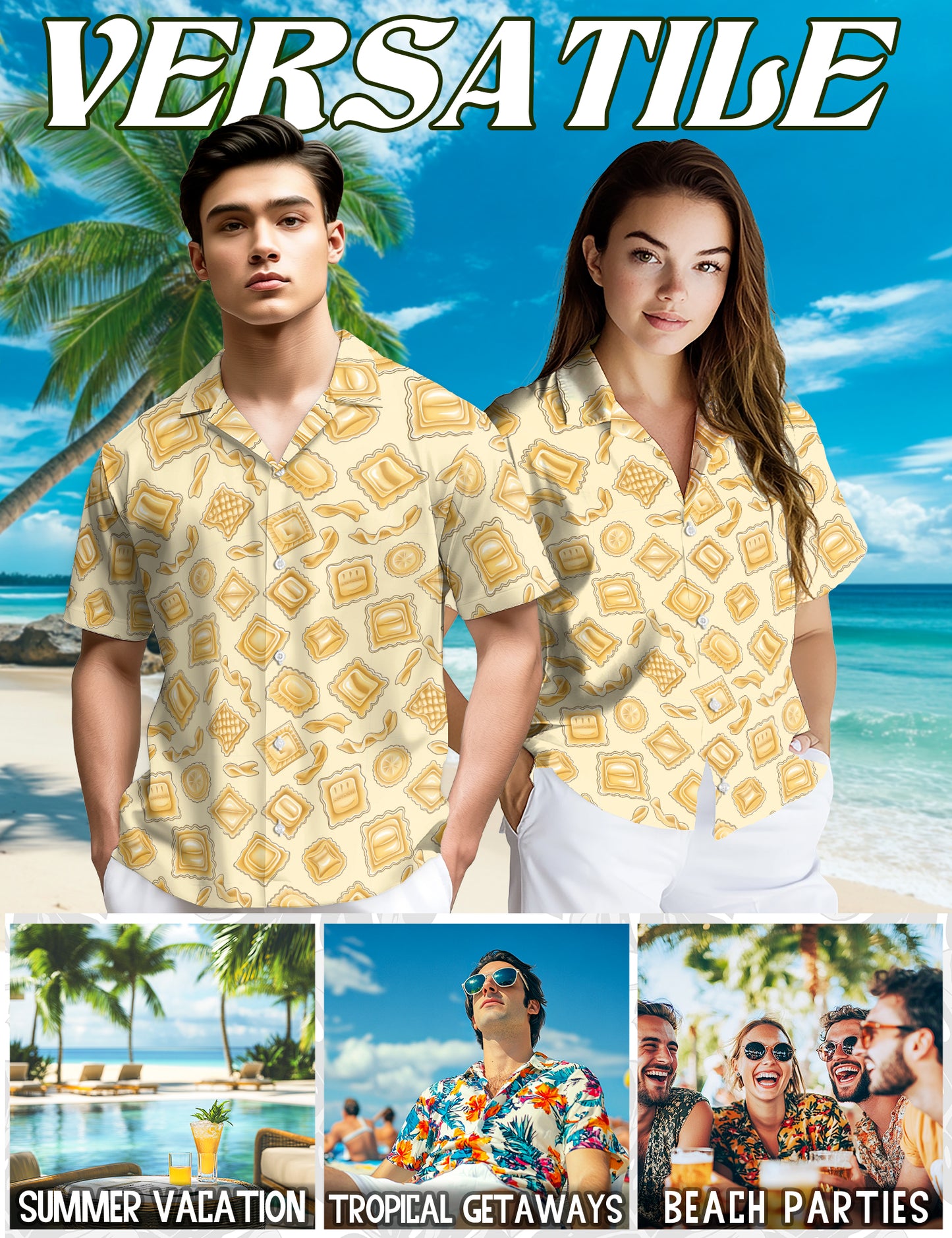 Netecom Vintage Italian Pasta Hawaiian Shirt for Men, Funny Foodie Pattern Aloha Button Down Short Sleeve Summer Shirt