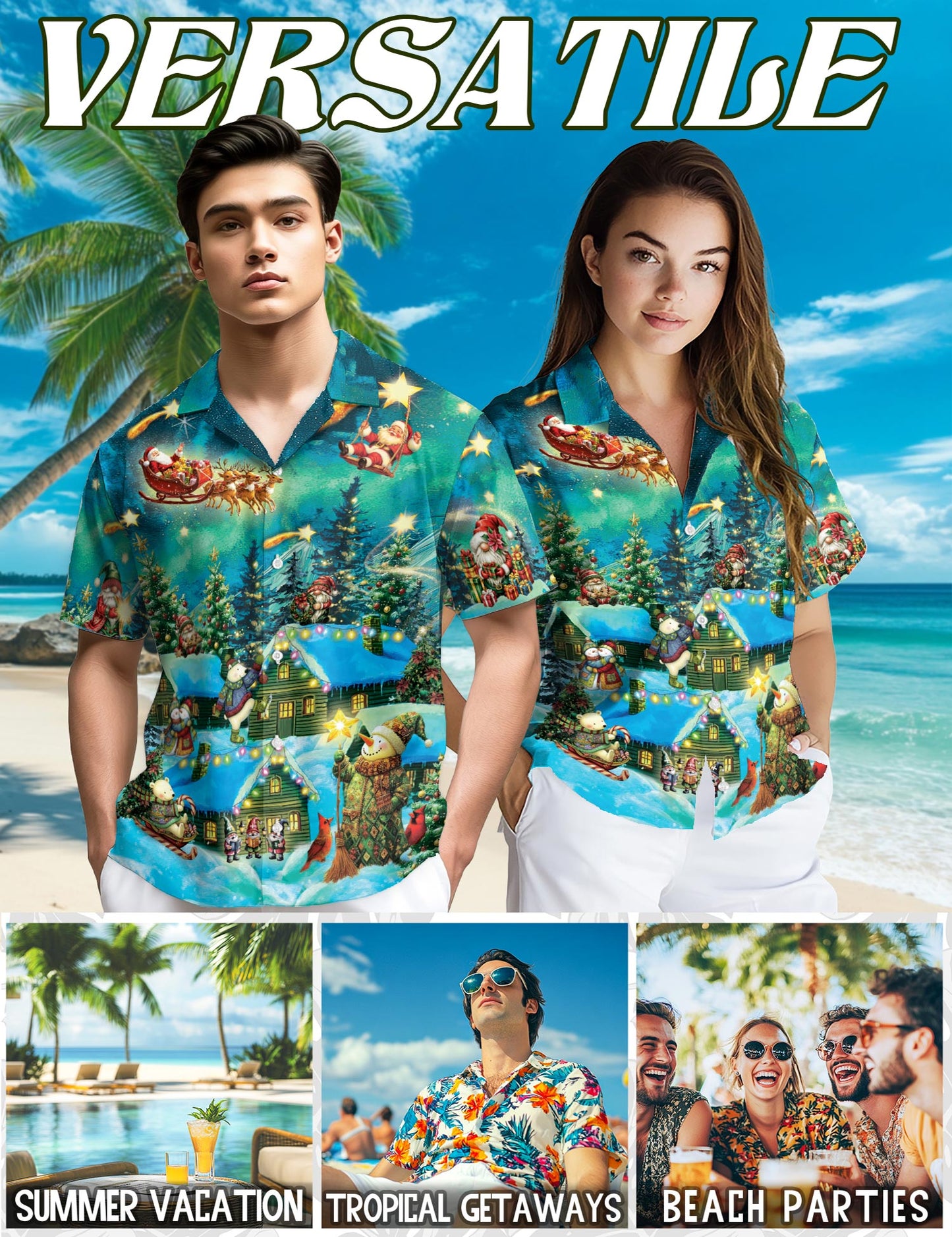 Netecom Magical Christmas Night Scene Hawaiian Shirt, Whimsical Santa Snowman Holiday Button Down Summer Beach Shirts, S-5XL