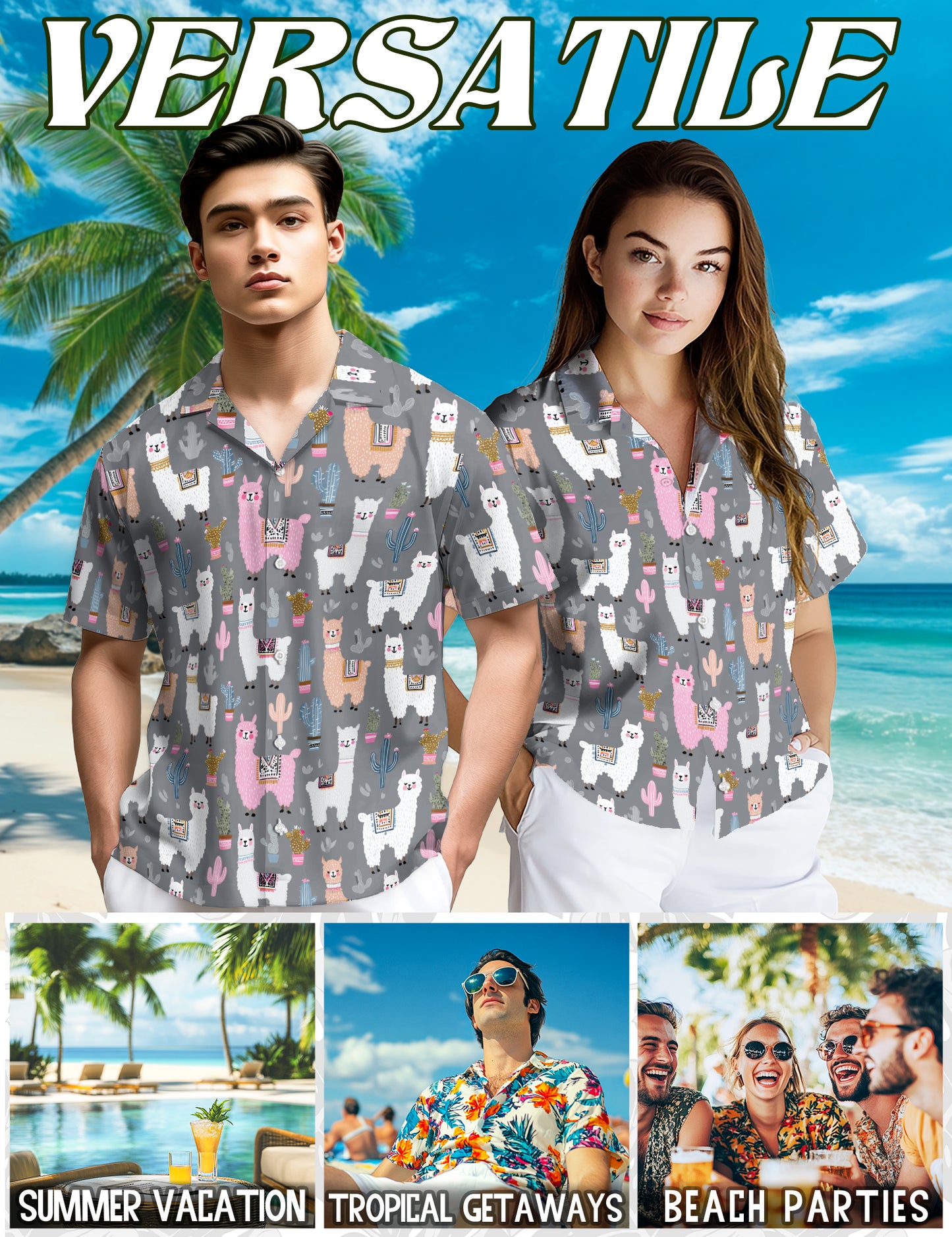 Netecom Cute Llama Hawaiian Shirt, Colorful Alpacas and Cactus Pattern Button Down Short Sleeve Shirt