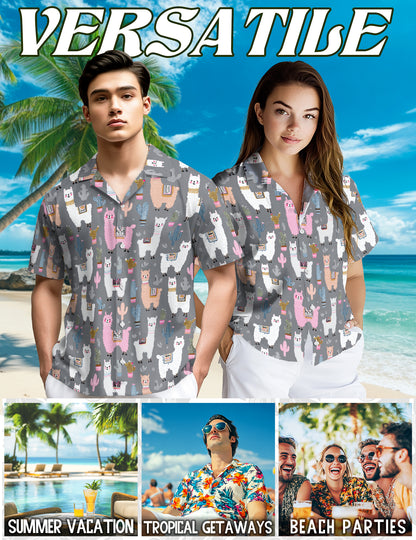 Netecom Cute Llama Hawaiian Shirt, Colorful Alpacas and Cactus Pattern Button Down Short Sleeve Shirt