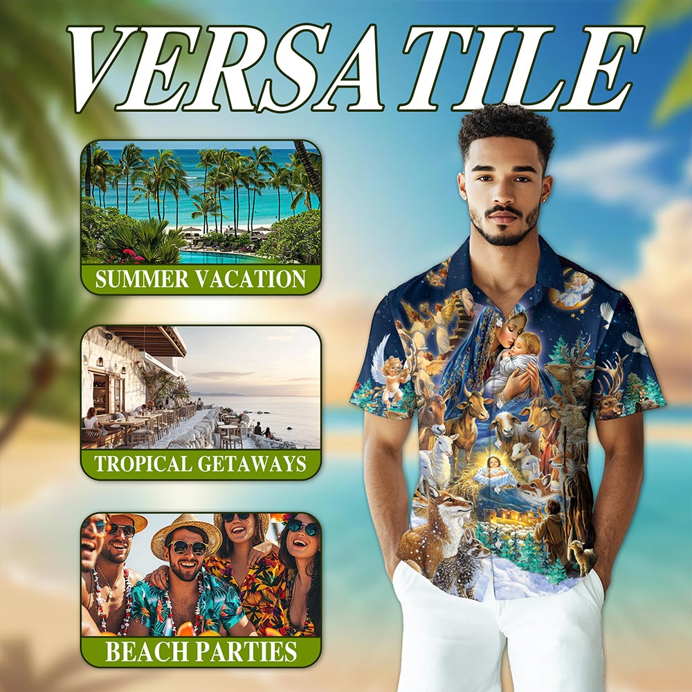Netecom Nativity Scene Hawaiian Shirt, Holy Family Christian Christmas Button Down Summer Beach Short Sleeve Shirt, S-5XL