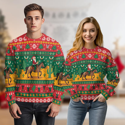 Netecom Western Cowboy Santa Christmas Sweatshirt 3D All Over Print, Horse Cactus Design, Crewneck Pullover for Costume Party