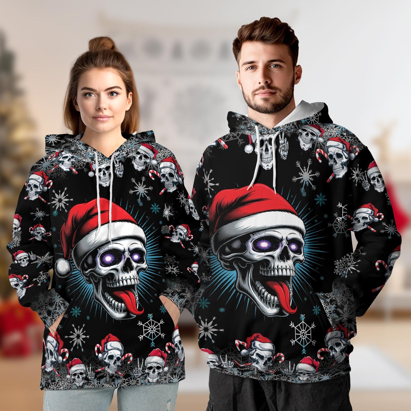 Netecom Skull Christmas Print Hoodie with Front Pocket, All Over Santa Hat Skeleton Graphic Sweatshirt Unisex Casual