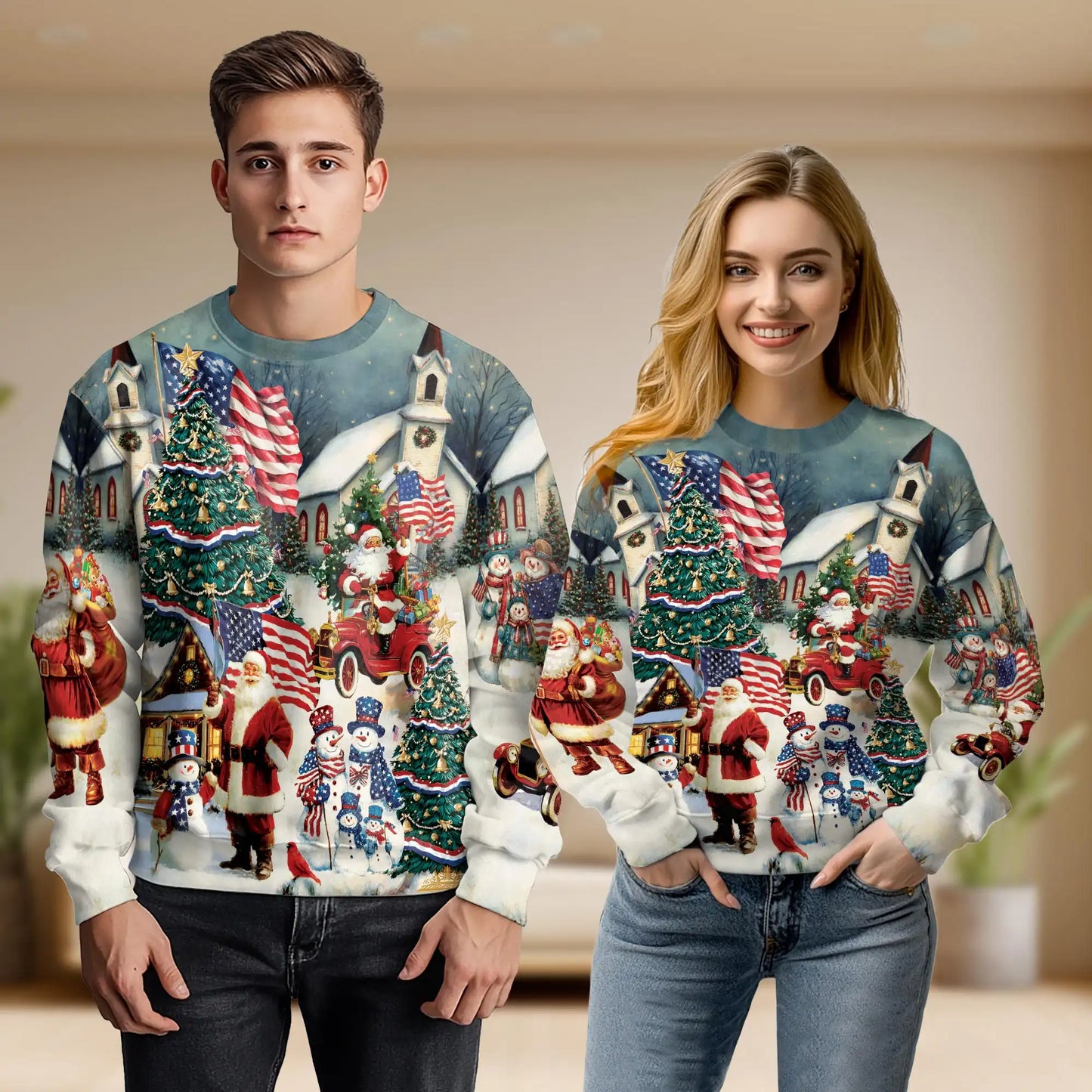 Vintage American Santa Christmas Sweatshirt, 3D All Over Print Retro Holiday Crewneck Pullover for Men Women, Santa Lover Gift - Netecom
