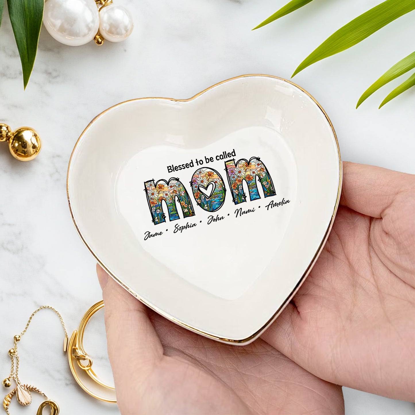 Netecom Gold Rim Trinket Dish with Custom Names under MOM, Unique Mother's Day Keepsake for Her
