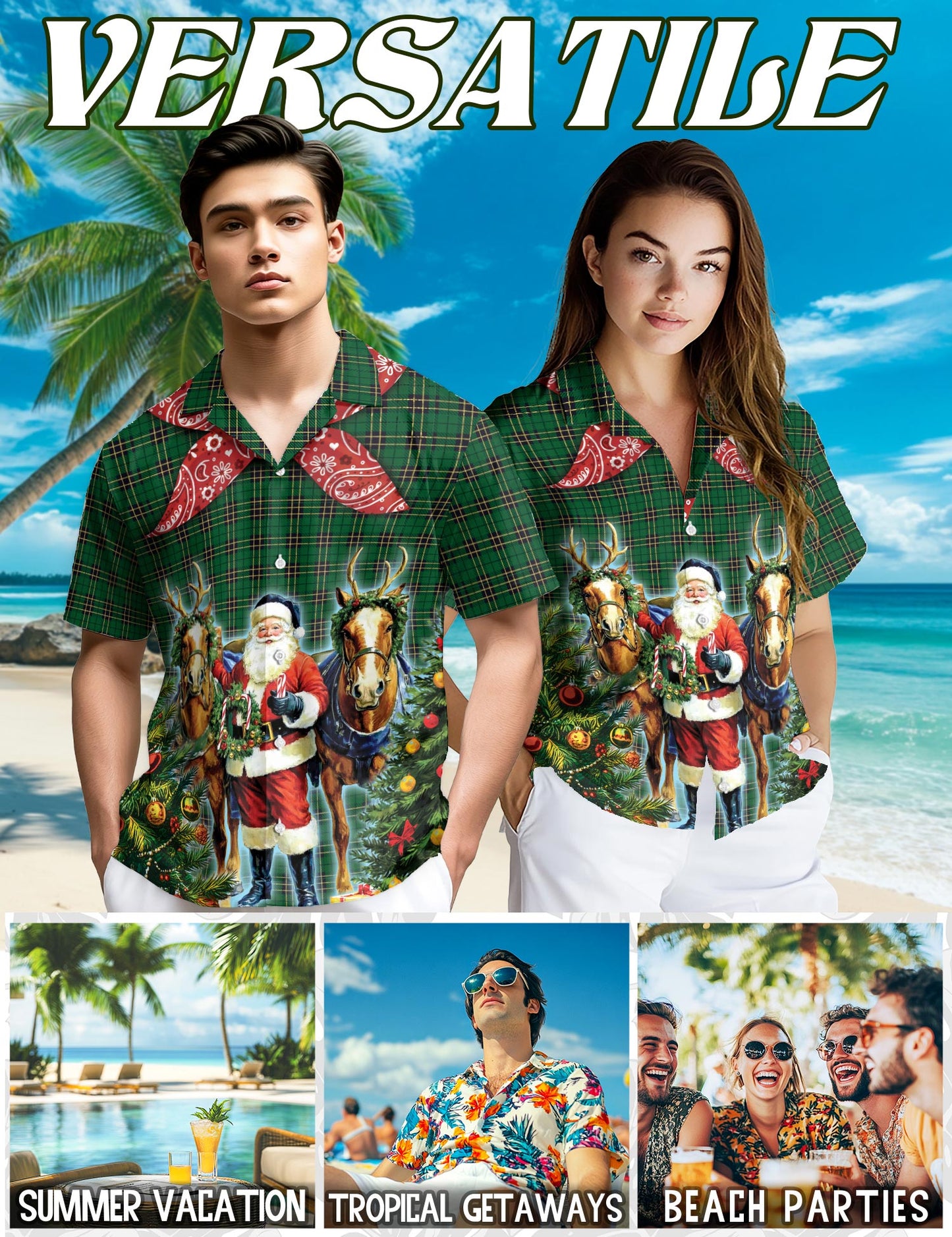 Netecom Santa Claus Cowboy Christmas Plaid Pattern Hawaiian Shirt, Western Christmas Reindeer Wreath Button Down Shirt, S-5XL