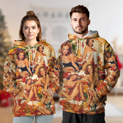 Netecom Fall Pin Up Girl Print Hoodie with Front Pocket, All Over Vintage Autumn Babe Graphic Sweatshirt Unisex Casual