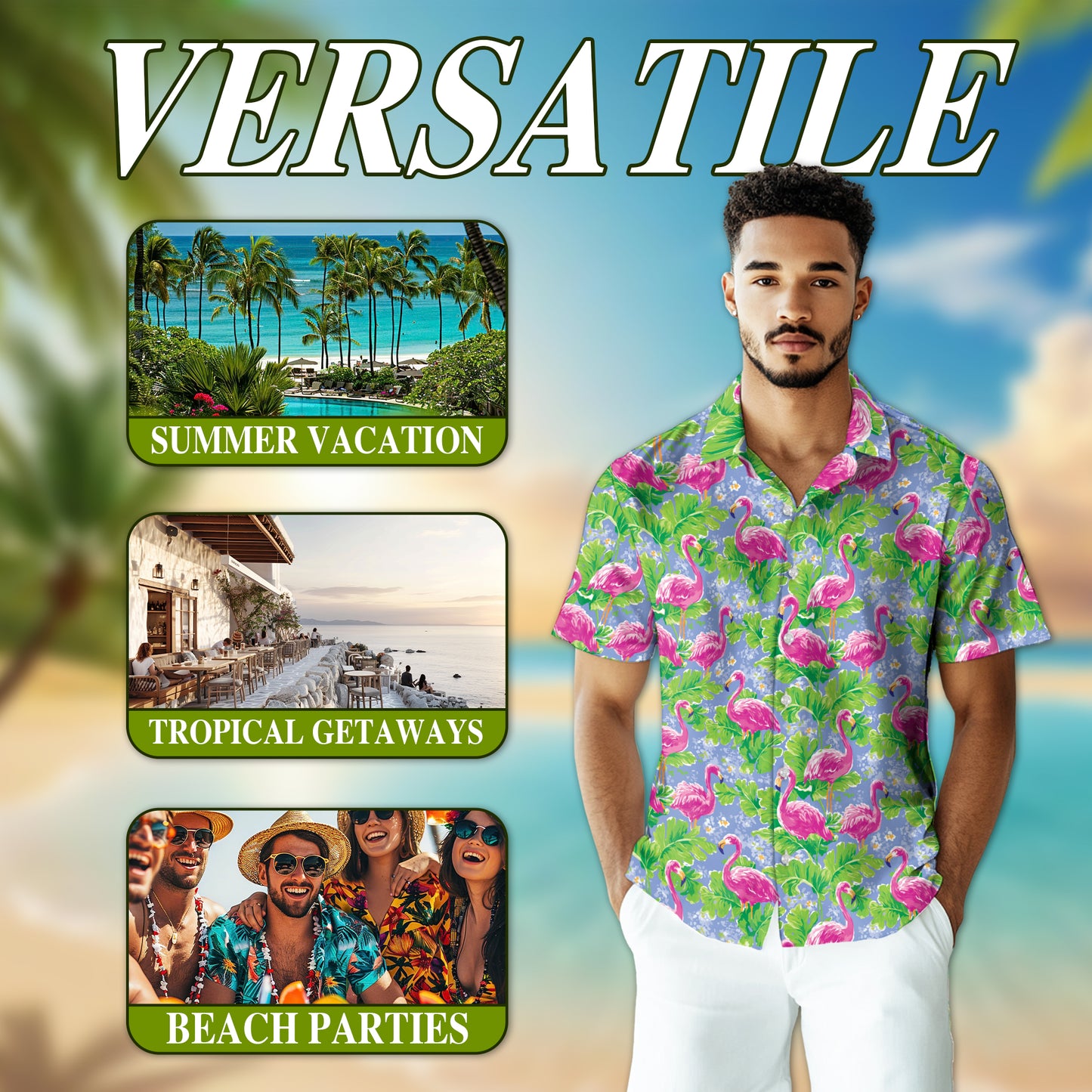 Netecom Watercolor Tropical Flamingo Hawaiian Shirt for Men, Pink Bird Summer Button Down Short Sleeve Beach Shirt