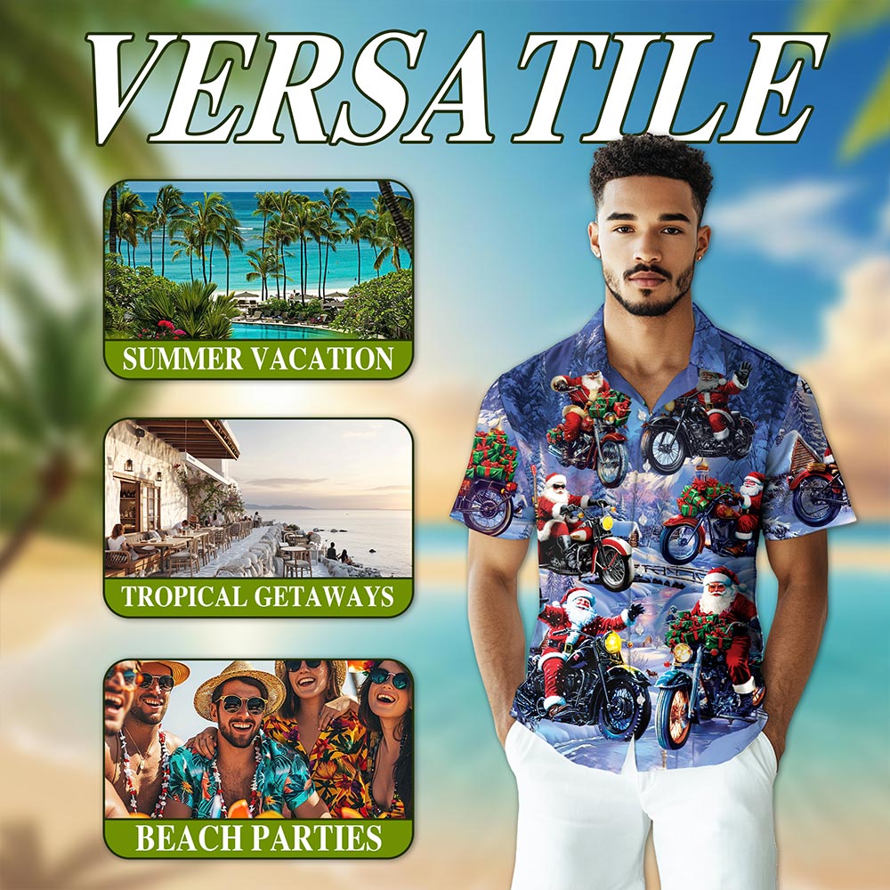 Netecom Santa Claus Riding Motorcycle Hawaiian Shirt for Men, Funny Christmas Biker Button Down Summer Beach Shirt, S-5XL