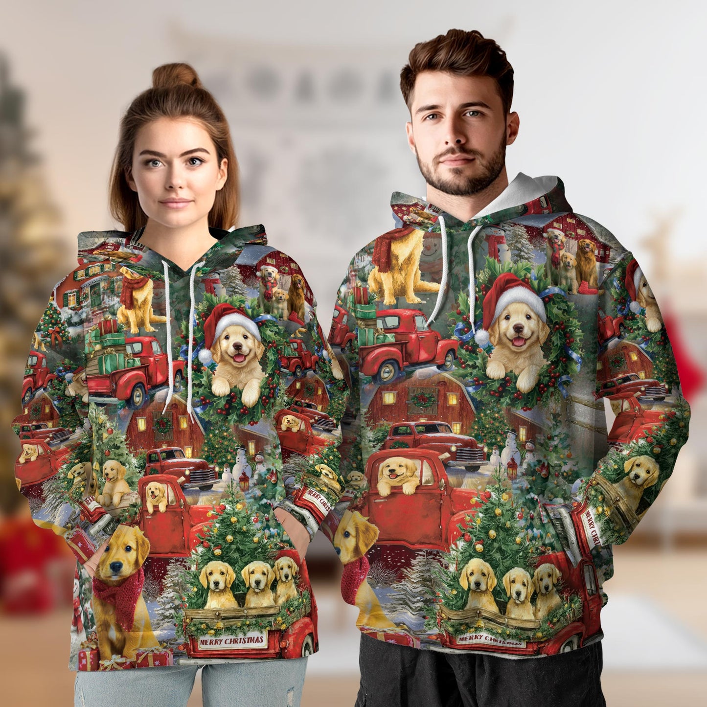 Netecom Golden Retriever Christmas Print Hoodie with Front Pocket, All Over Festive Dog Graphic Sweatshirt Unisex Casual