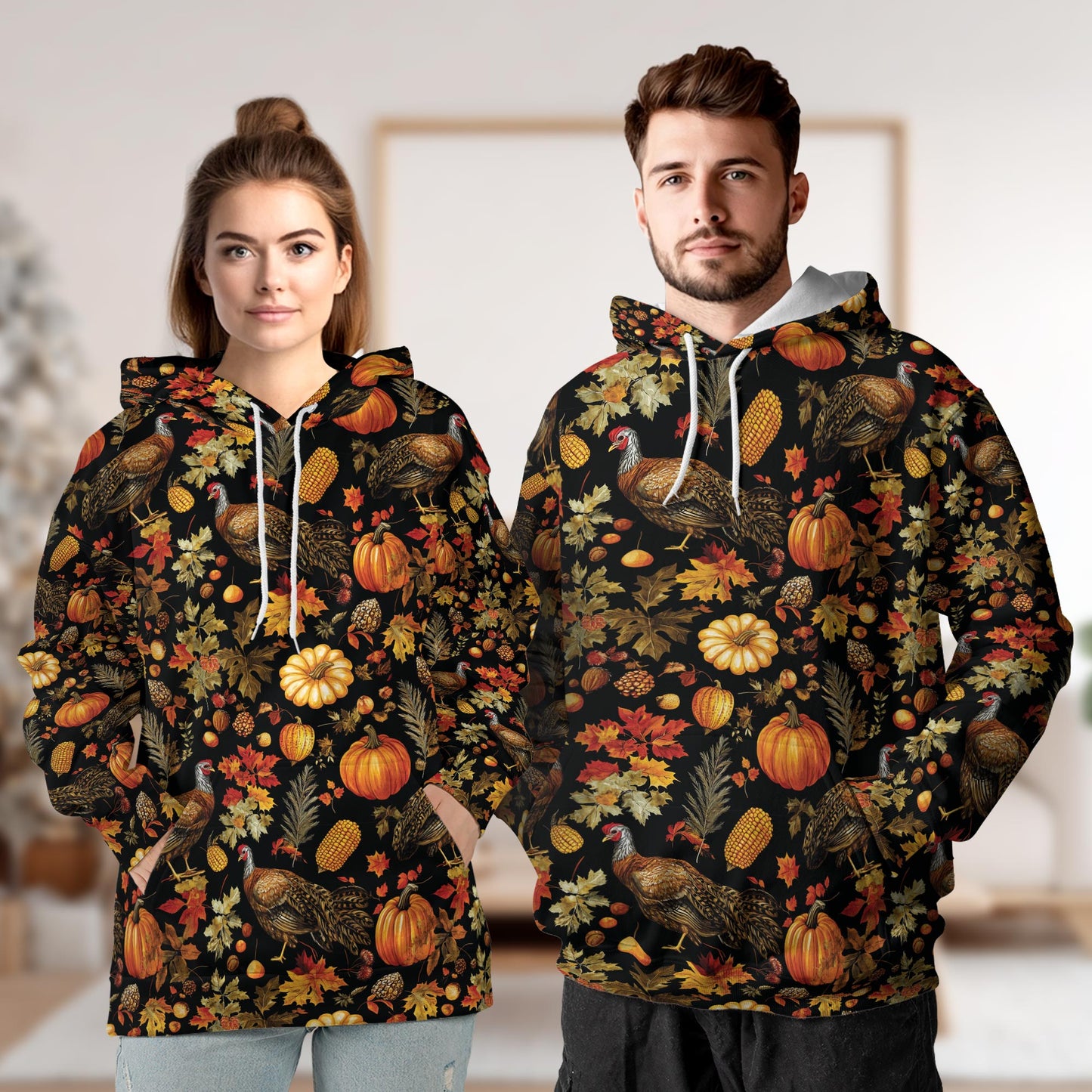 Netecom Happy Turkey Day Thanksgiving 3D Hoodie with Front Pocket, Unisex Casual All Over Pumpkin Graphic Sweatshirt