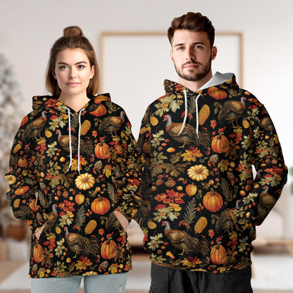 Netecom Happy Turkey Day Thanksgiving 3D Hoodie with Front Pocket, Unisex Casual All Over Pumpkin Graphic Sweatshirt