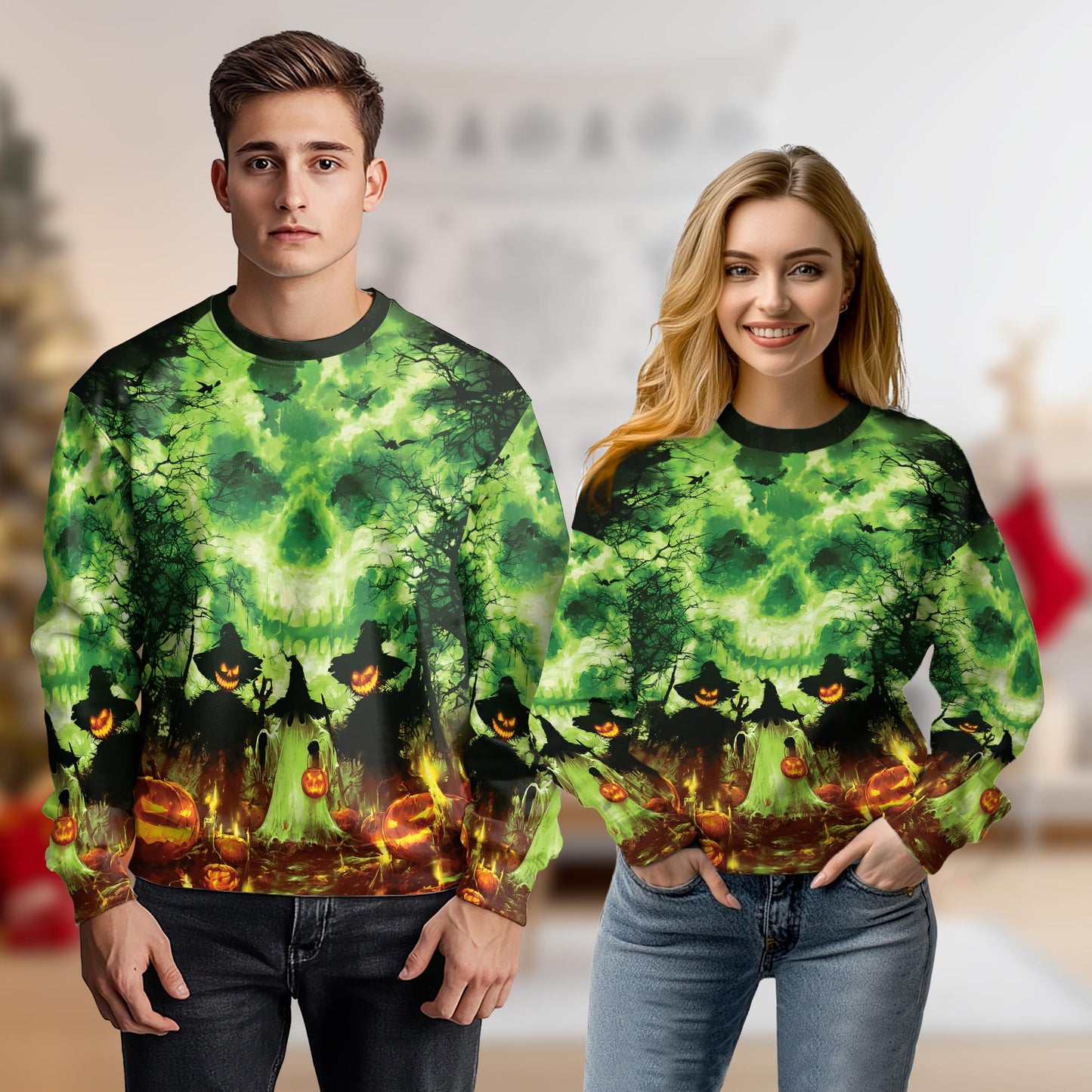 Netecom Halloween Pumpkin Scarecrow Sweatshirt 3D All Over Print, Spooky Skull Night, Crewneck Pullover for Costume Party