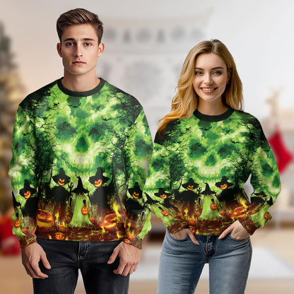 Netecom Halloween Pumpkin Scarecrow Sweatshirt 3D All Over Print, Spooky Skull Night, Crewneck Pullover for Costume Party