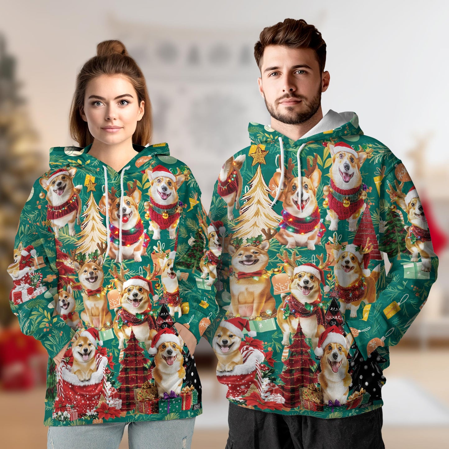 Netecom Christmas Corgi Print Hoodie with Front Pocket, All Over Cute Dog Lover Graphic Sweatshirt Unisex Casual