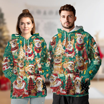 Netecom Christmas Corgi Print Hoodie with Front Pocket, All Over Cute Dog Lover Graphic Sweatshirt Unisex Casual