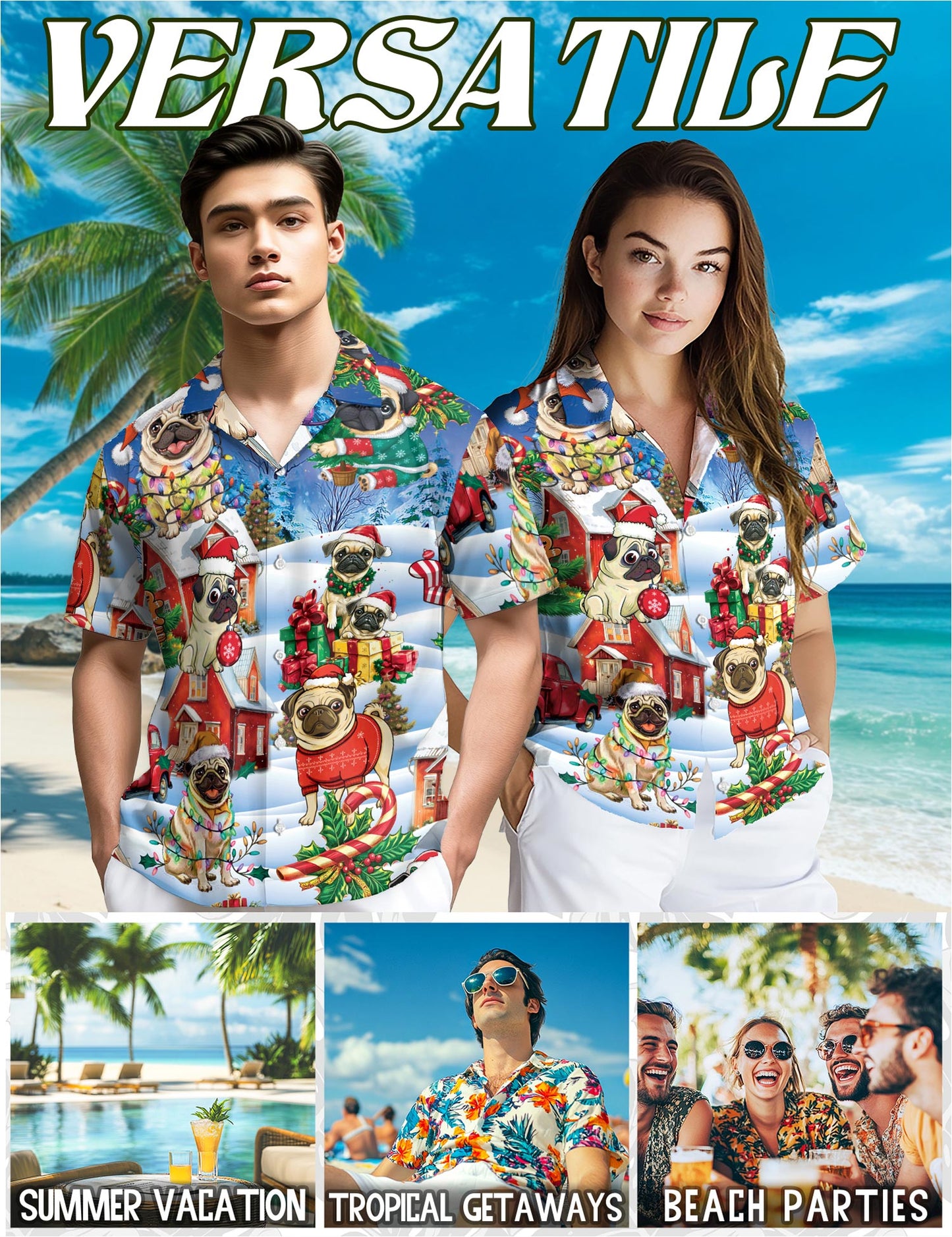 Netecom Funny Pug Christmas Hawaiian Shirt for Men, Cute Dog Holiday Print Button Down Summer Beach Short Sleeve Shirt, S-5XL