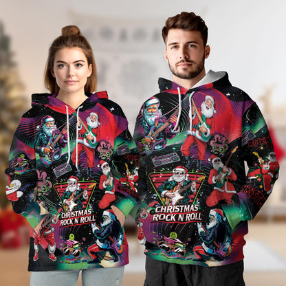 Netecom Santa Claus Rock Guitar Christmas Print Hoodie with Front Pocket, All Over Music Graphic Sweatshirt Unisex Casual