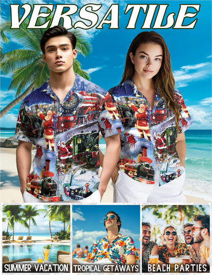 Netecom Santa Claus Christmas Train Hawaiian Shirt, Holiday Locomotive Night Ride Short Sleeve Button Down Shirt, S-5XL