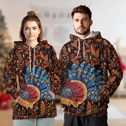 Netecom Folk Art Turkey Thanksgiving Print Hoodie with Front Pocket, All Over Graphic Sweatshirt Unisex Casual