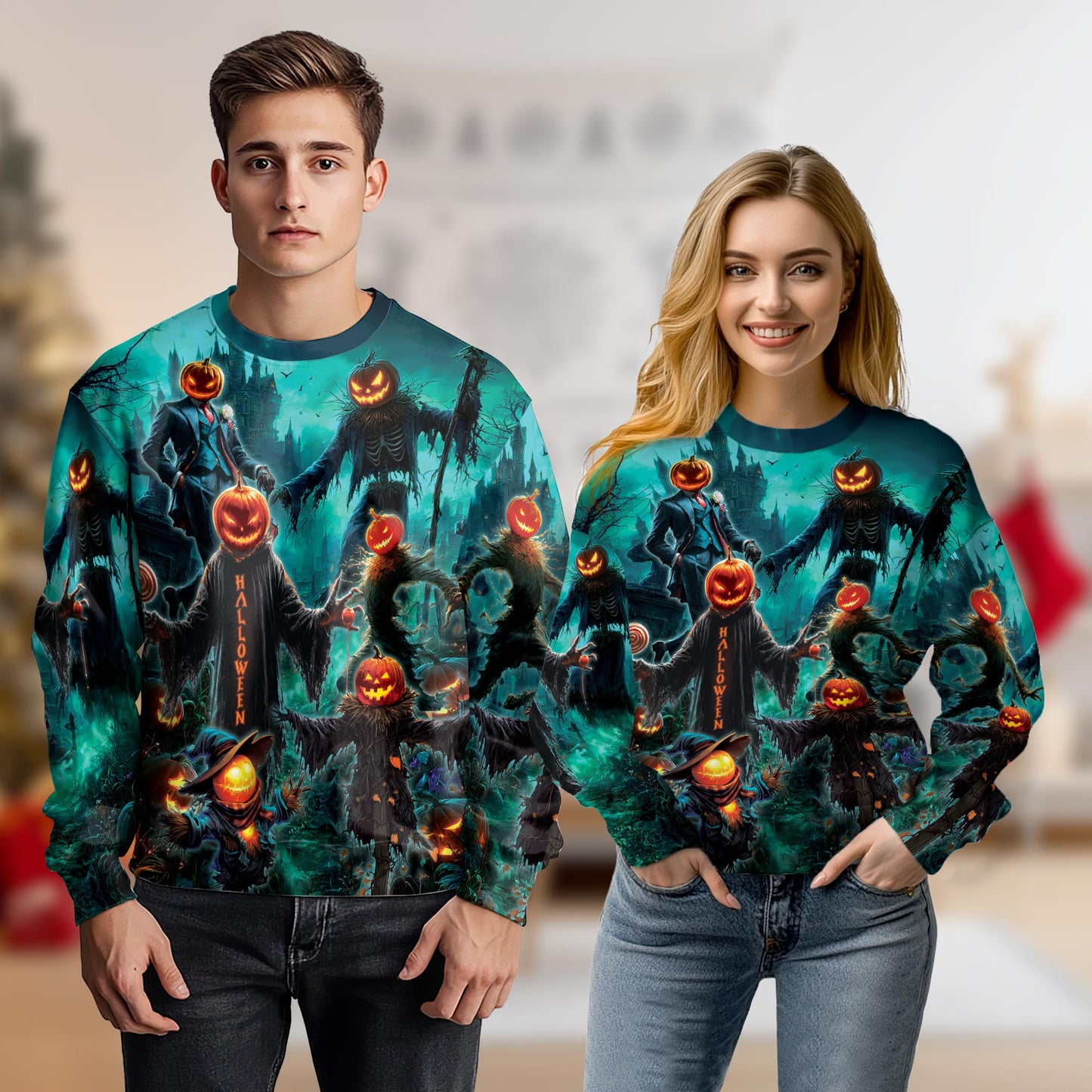 Netecom Halloween Pumpkin Scarecrow Sweatshirt 3D All Over Print, Haunted House Design, Crewneck Pullover for Costume Party