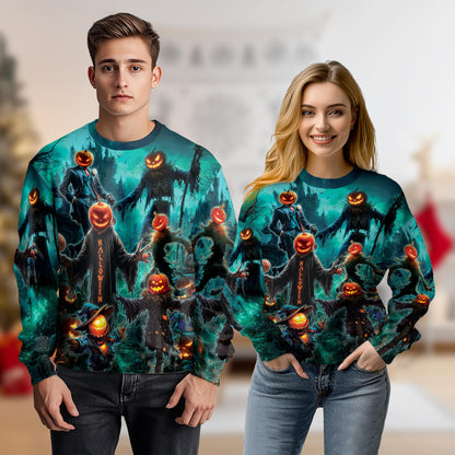 Netecom Halloween Pumpkin Scarecrow Sweatshirt 3D All Over Print, Haunted House Design, Crewneck Pullover for Costume Party