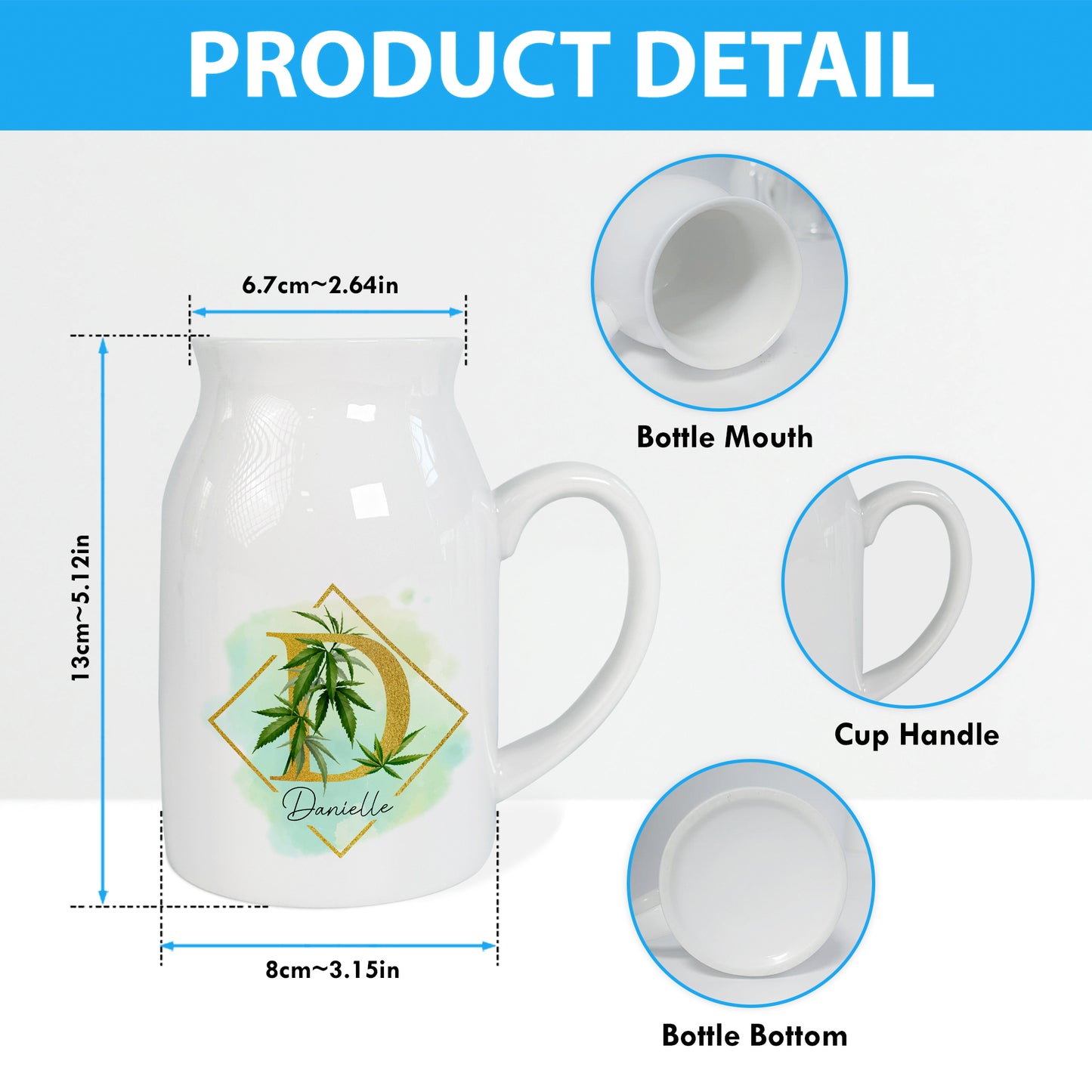 Netecom Floral Gold Initial Ceramic Pitcher with Custom Name, Elegant Farmhouse Vase for Wedding, Valentine’s Day, or Anniversary Gift