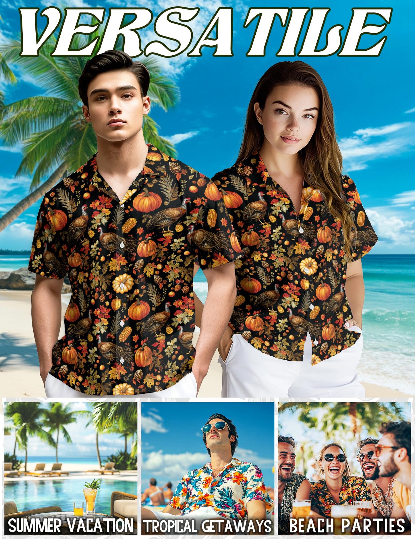Netecom Happy Turkey Day Thanksgiving Hawaiian Shirt, Fall Leaves Pumkpin Button Down Summer Beach Shirts, S-5XL