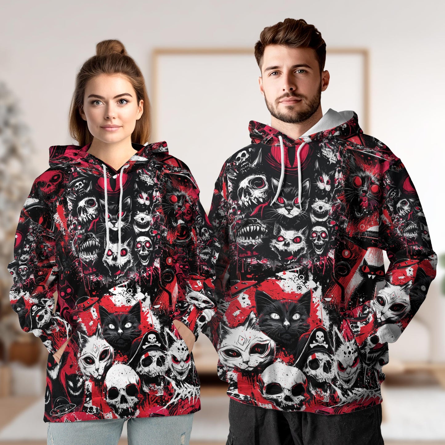 Netecom Black Cat UFO Alien Halloween 3D Hoodie with Front Pocket, Unisex Casual All Over Skull Graphic Sweatshirt