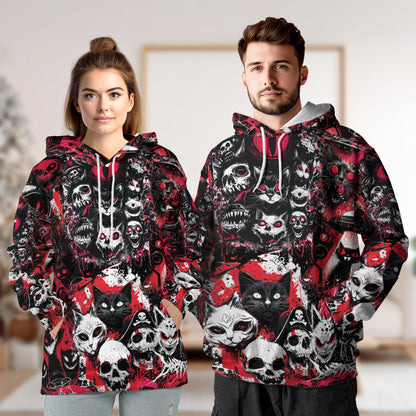 Netecom Black Cat UFO Alien Halloween 3D Hoodie with Front Pocket, Unisex Casual All Over Skull Graphic Sweatshirt