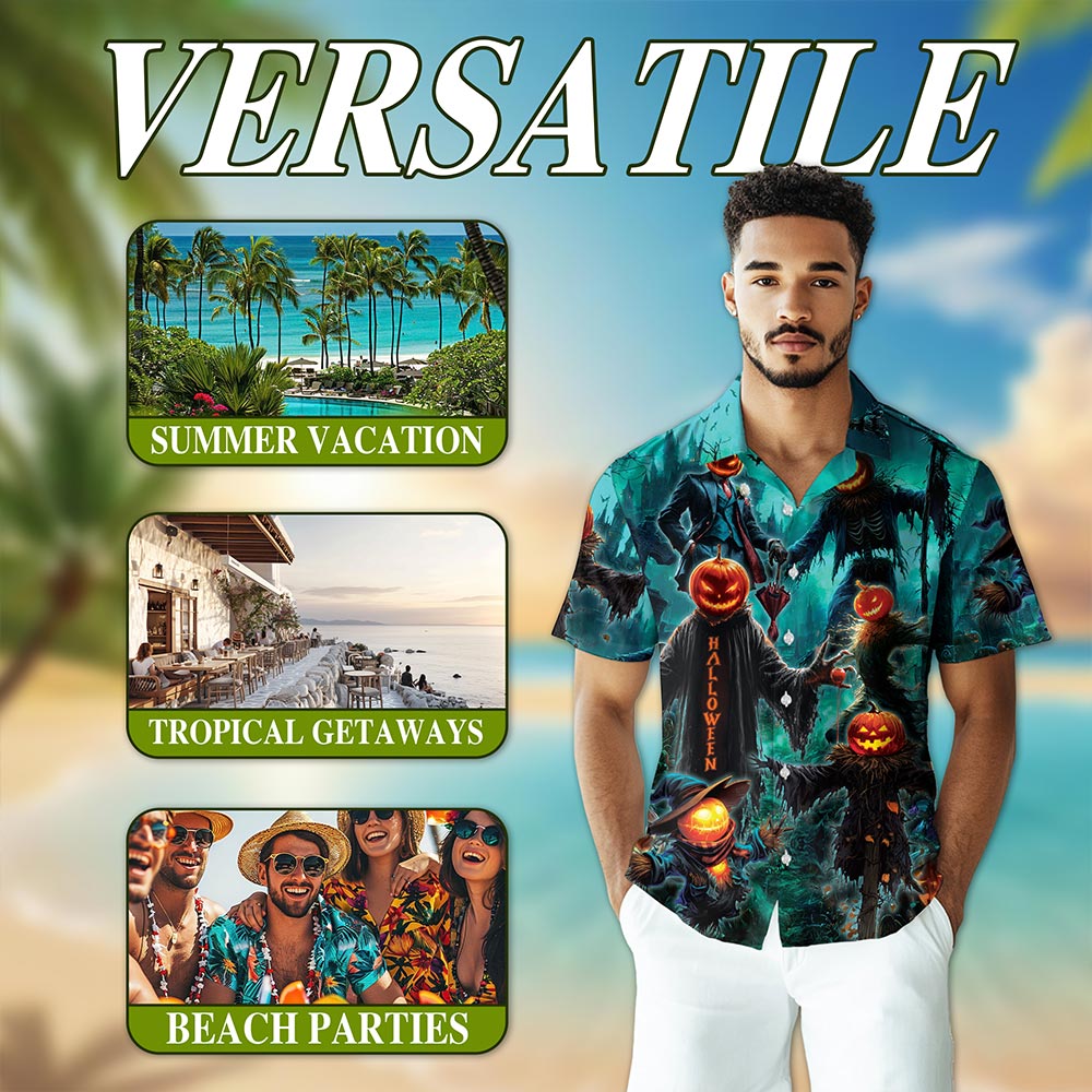 Netecom Happy Pumpkin Halloween Hawaiian Shirt for Men, Halloween Present, Skull Button Down Summer Beach Shirts, S-5XL
