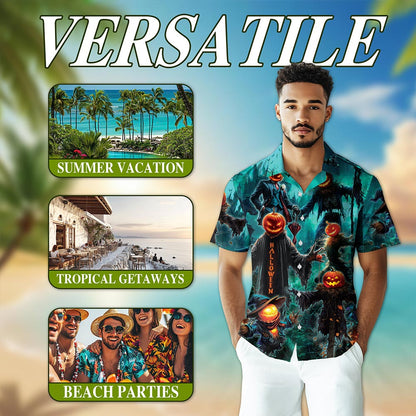 Netecom Happy Pumpkin Halloween Hawaiian Shirt for Men, Halloween Present, Skull Button Down Summer Beach Shirts, S-5XL