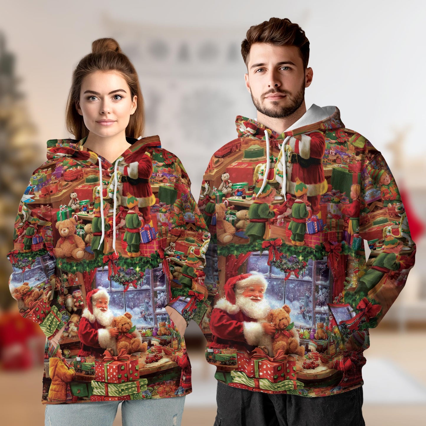 Netecom Santa Claus Workshop Print Hoodie with Front Pocket, All Over Festive Christmas Graphic Sweatshirt Unisex Casual