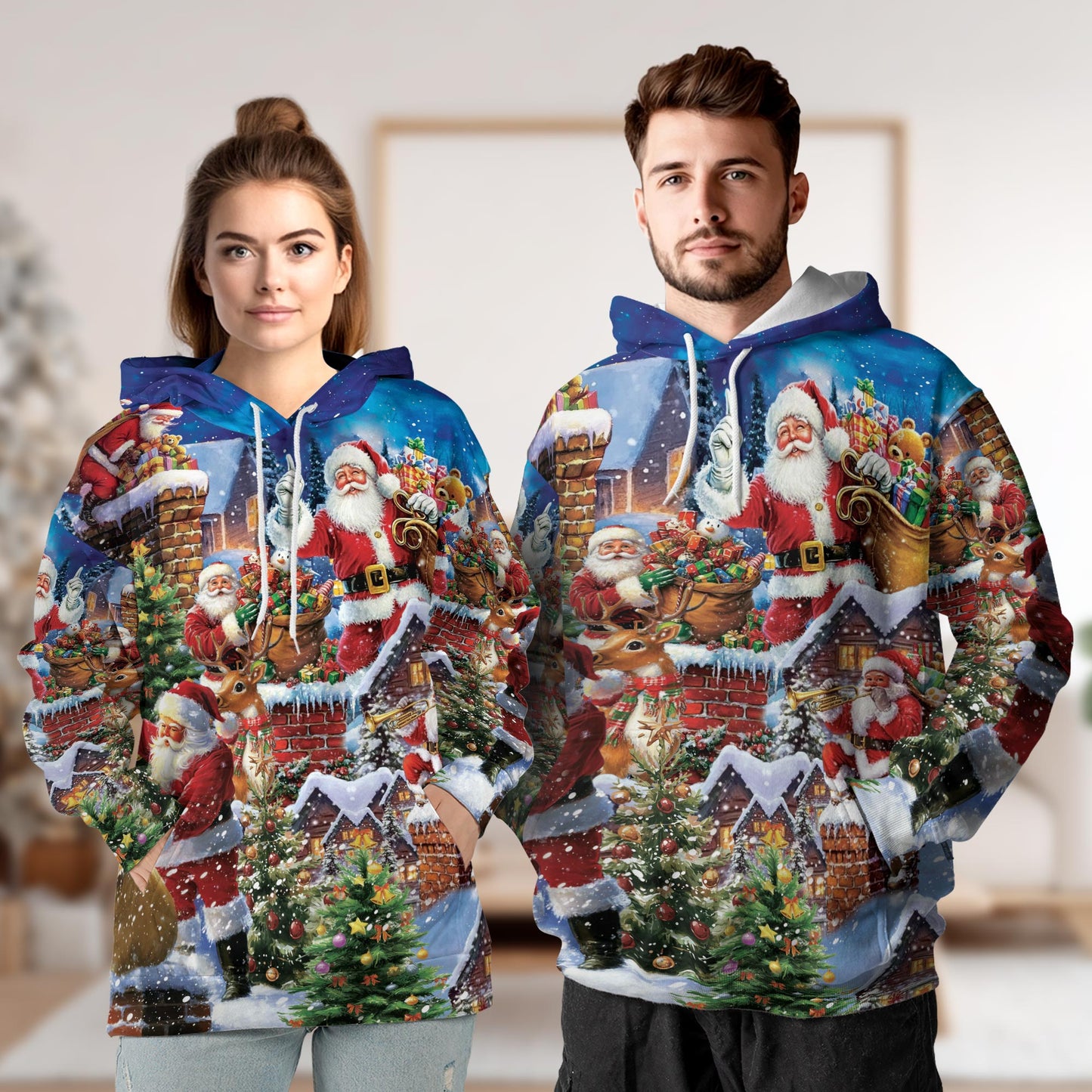 Netecom Christmas Rooftop Santa Claus 3D Hoodie with Front Pocket, Unisex Casual All Over Graphic Sweatshirt