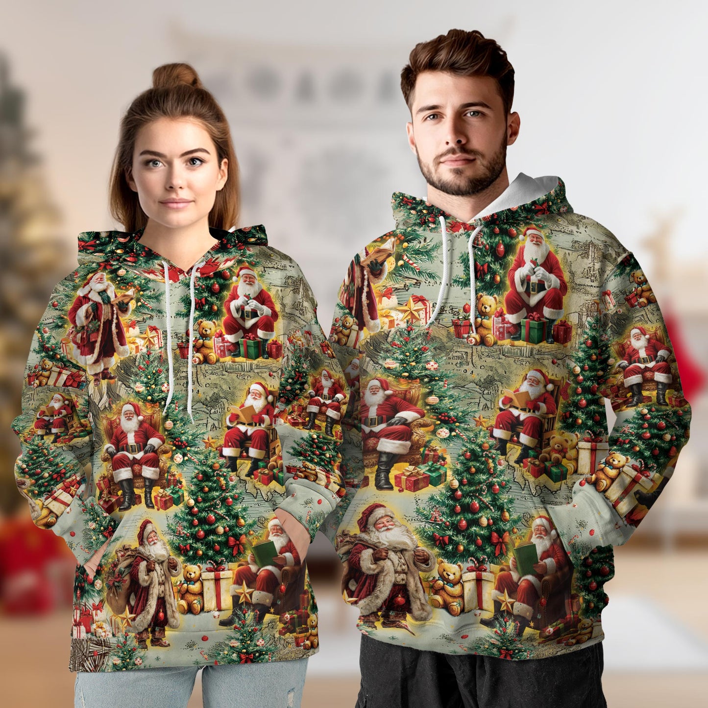 Netecom Vintage Santa Claus Print Hoodie with Front Pocket, All Over Xmas Graphic Sweatshirt Unisex Casual