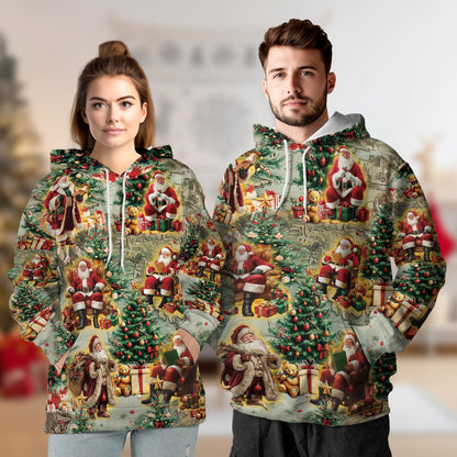 Netecom Vintage Santa Claus Print Hoodie with Front Pocket, All Over Xmas Graphic Sweatshirt Unisex Casual