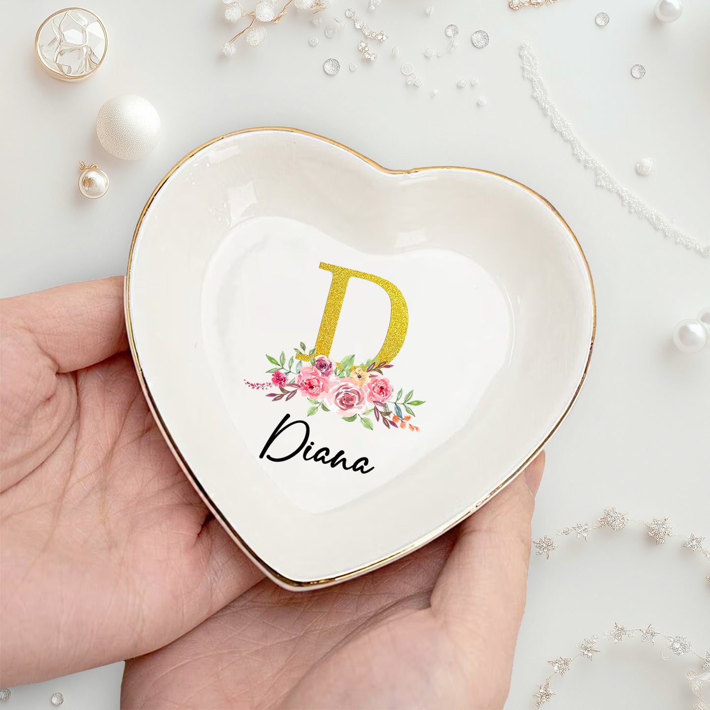 Netecom Personalized Floral Jewelry Tray with Glittery Initials, Custom Name Jewelry Dish for Special Occasions or Gifts