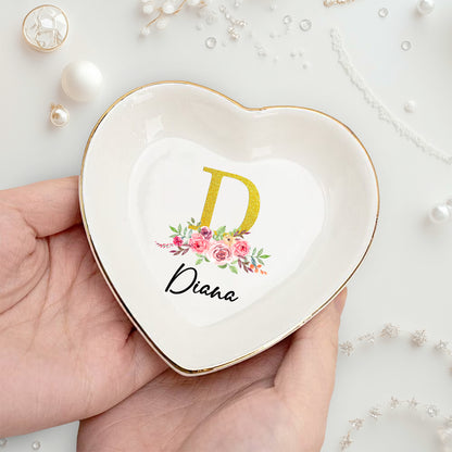 Netecom Personalized Floral Jewelry Tray with Glittery Initials, Custom Name Jewelry Dish for Special Occasions or Gifts