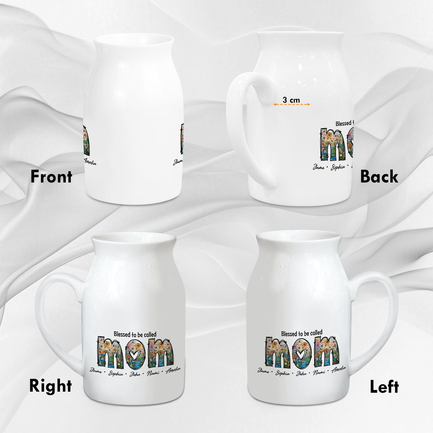 Netecom Custom Floral MOM Ceramic Pitcher, Personalized Name Vase, Perfect Gift for Mother’s Day, Birthday, or Holiday Decor