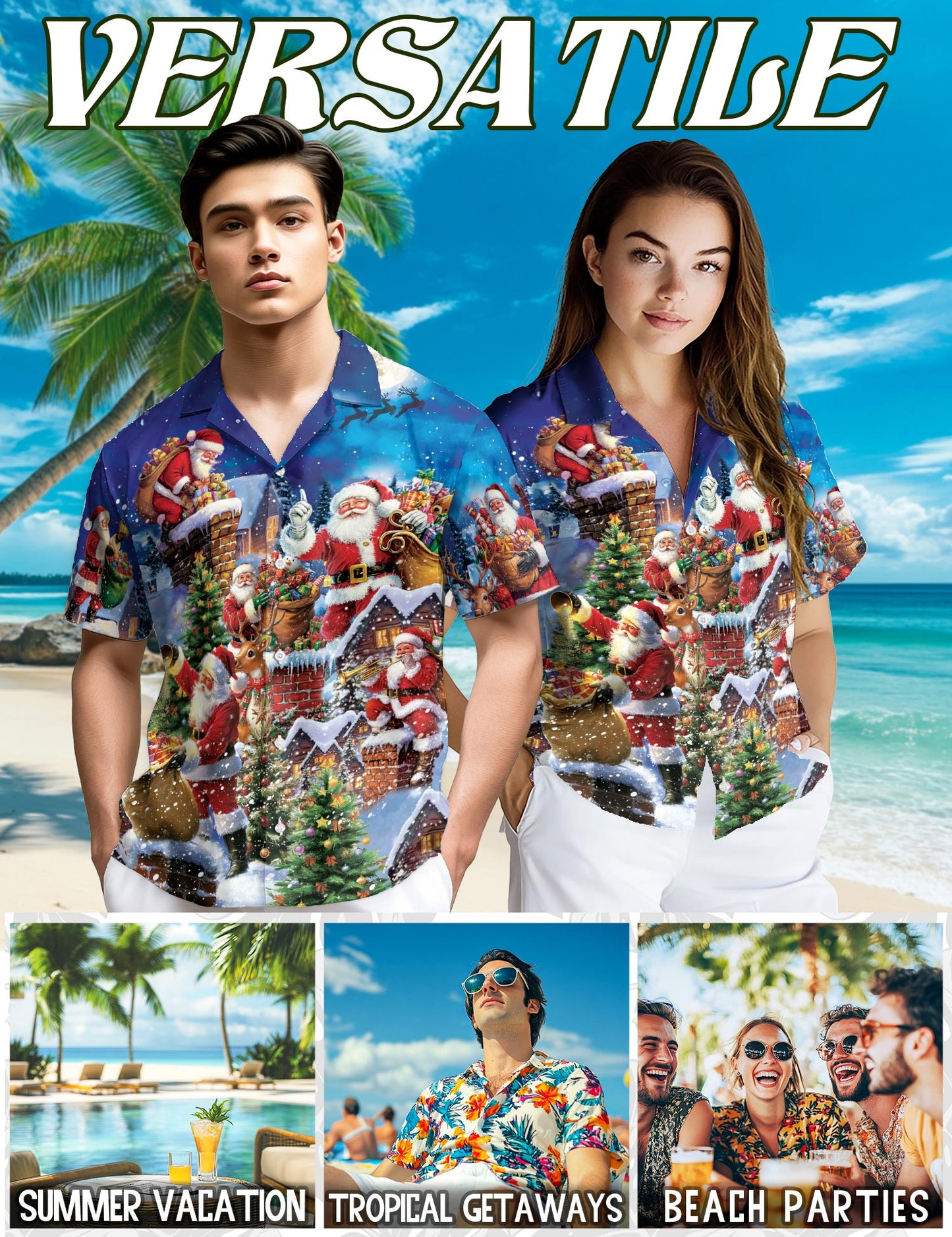 Netecom Christmas Rooftop Santa Claus Hawaiian Shirt, Holiday Chimney Night Scene Button Down Summer Beach Shirt, S-5XL