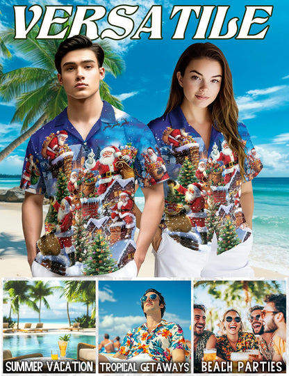 Netecom Christmas Rooftop Santa Claus Hawaiian Shirt, Holiday Chimney Night Scene Button Down Summer Beach Shirt, S-5XL