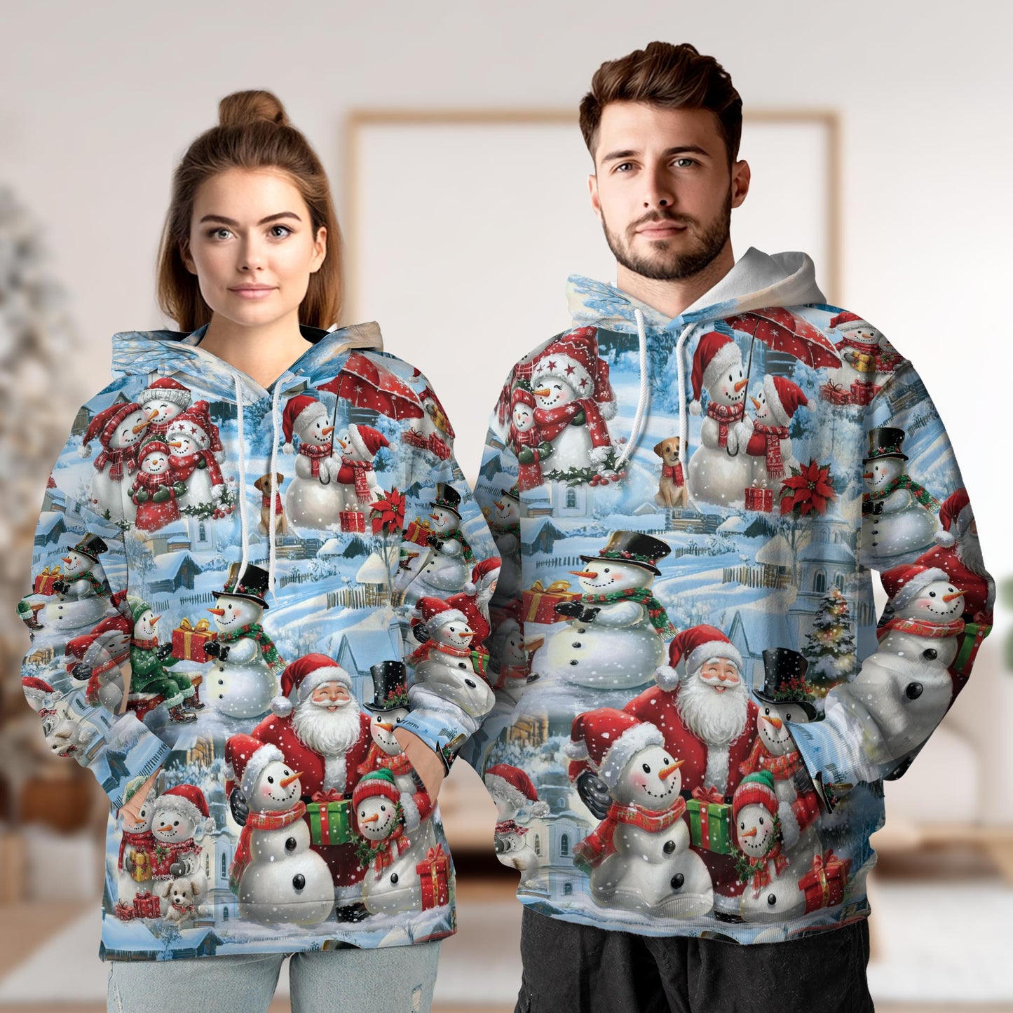 Netecom Snowman and Santa Claus Christmas 3D Hoodie with Front Pocket, Unisex Casual All Over Graphic Sweatshirt