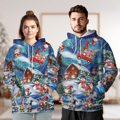 Netecom Christmas Gnome 3D Hoodie with Front Pocket, Unisex Casual All Over Funny Santa Elf Graphic Sweatshirt