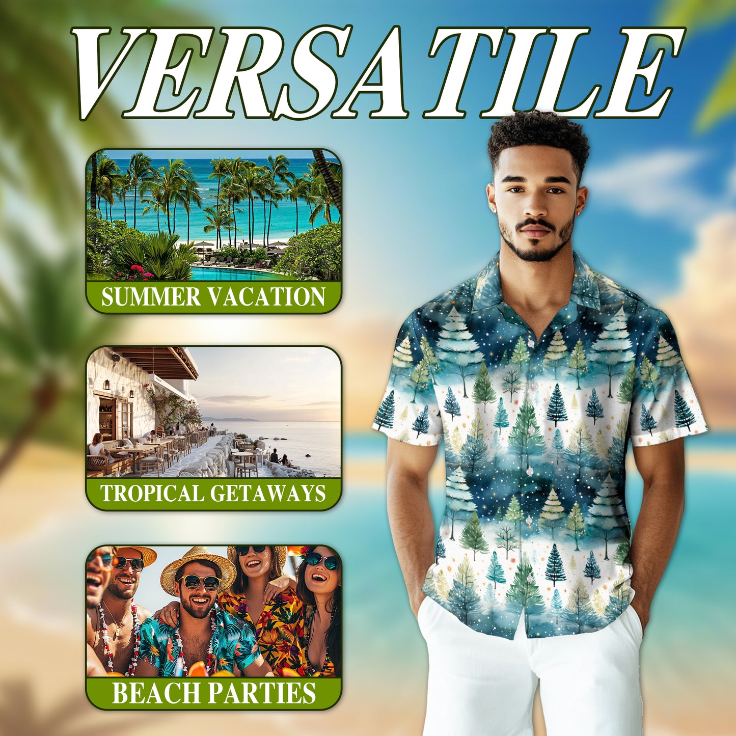 Netecom Christmas Tree Hawaiian Shirt for Men, Festive Holiday Pine Forest Button Down Summer Beach Short Sleeve Shirt