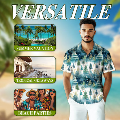 Netecom Christmas Tree Hawaiian Shirt for Men, Festive Holiday Pine Forest Button Down Summer Beach Short Sleeve Shirt