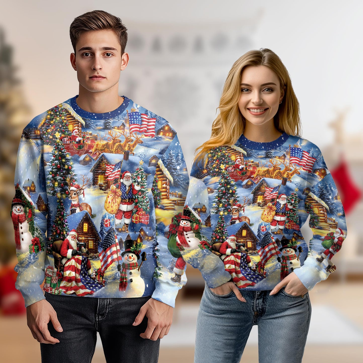 Netecom Patriotic Santa Christmas Sweatshirt 3D All Over Print, Cozy Holiday Scene Design, Crewneck Pullover for Costume Party