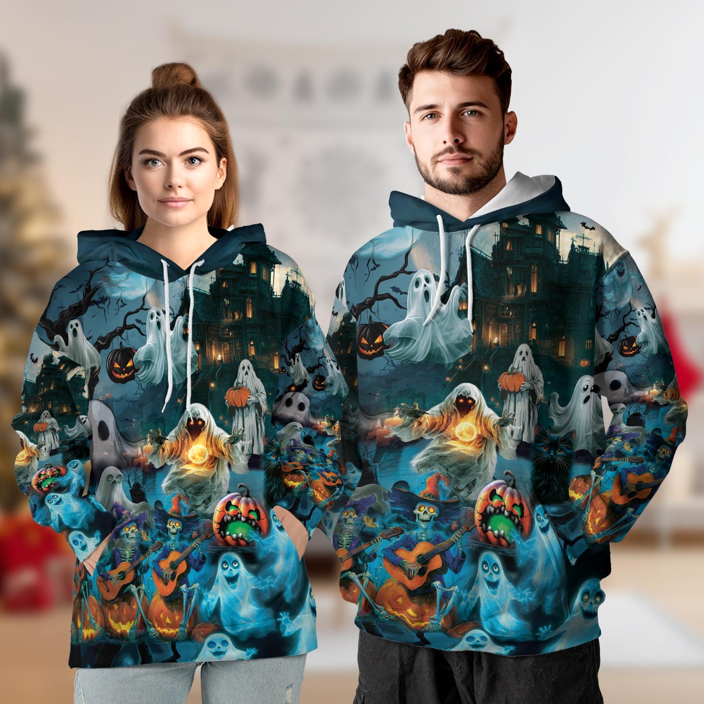 Netecom Halloween Ghost Print Hoodie with Front Pocket, All Over Graphic Ghost Skeleton and Pumpkin Sweatshirt Unisex Casual