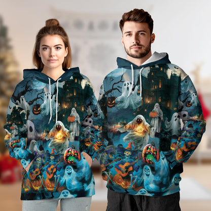 Netecom Halloween Ghost Print Hoodie with Front Pocket, All Over Graphic Ghost Skeleton and Pumpkin Sweatshirt Unisex Casual