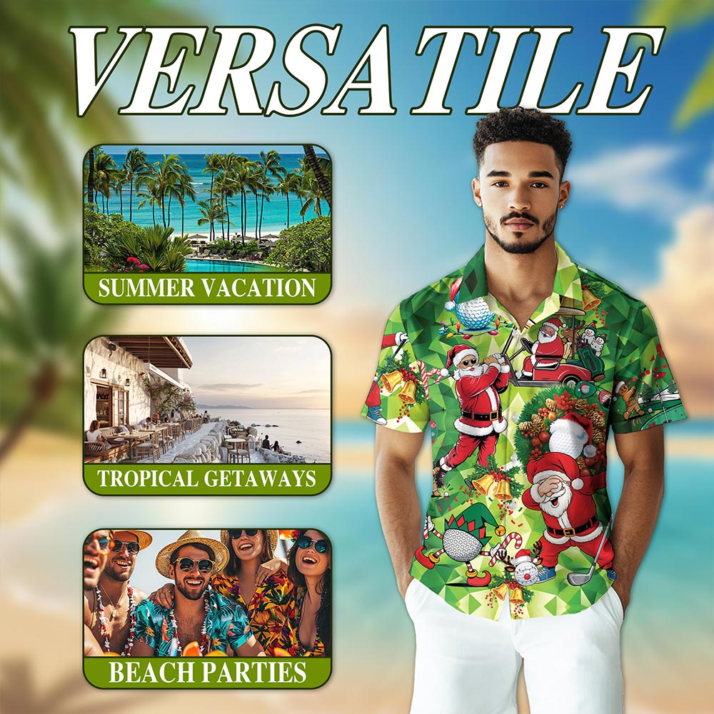 Netecom Santa Claus Christmas Hawaiian Shirt, Golfer Holiday Button Down Summer Beach Short Sleeve Shirt, S-5XL