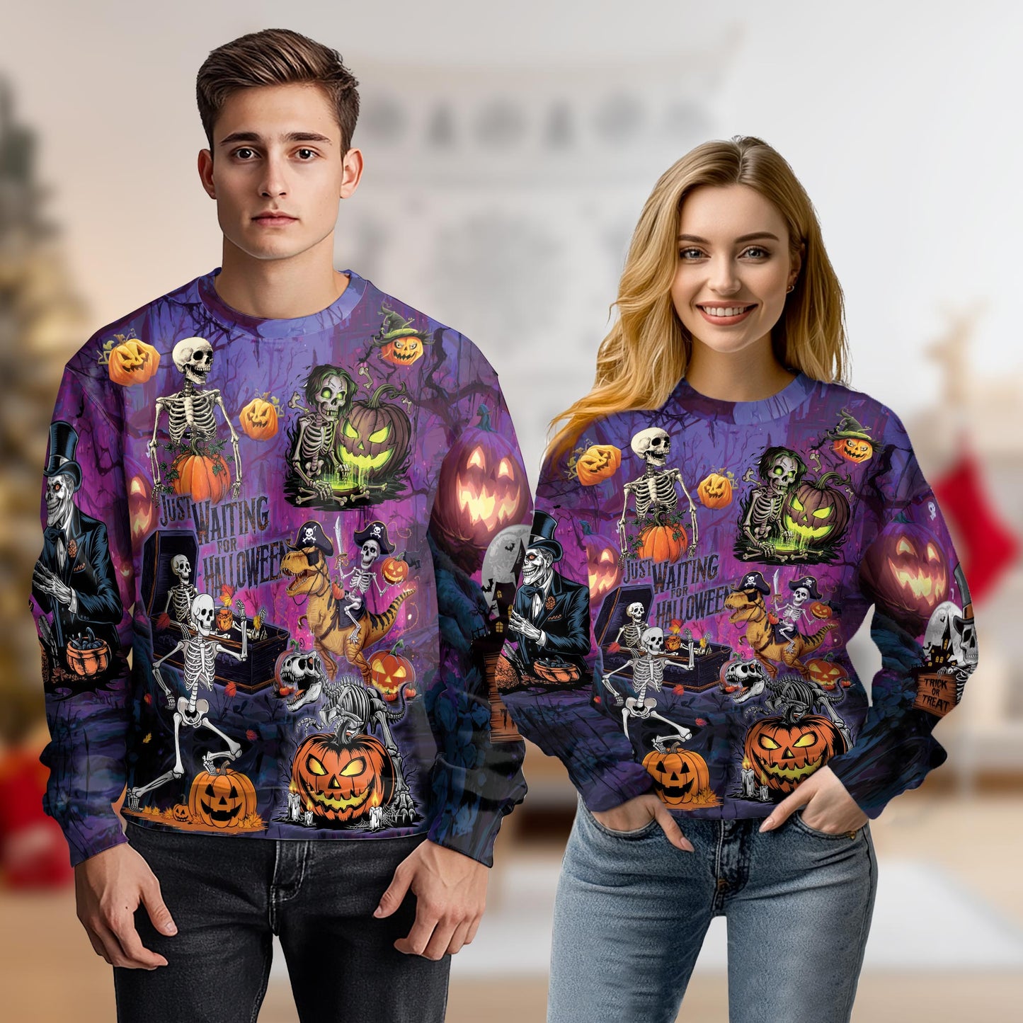 Netecom Halloween Skeleton Pumpkin Sweatshirt 3D All Over Print, Spooky Gothic Outfit, Crewneck Pullover for Costume Party